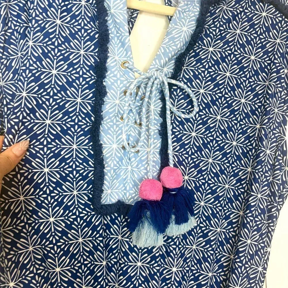 Cabana Life West Indies Fringe Romper Beach Large Blue White UPF 50+ Tassel Tie